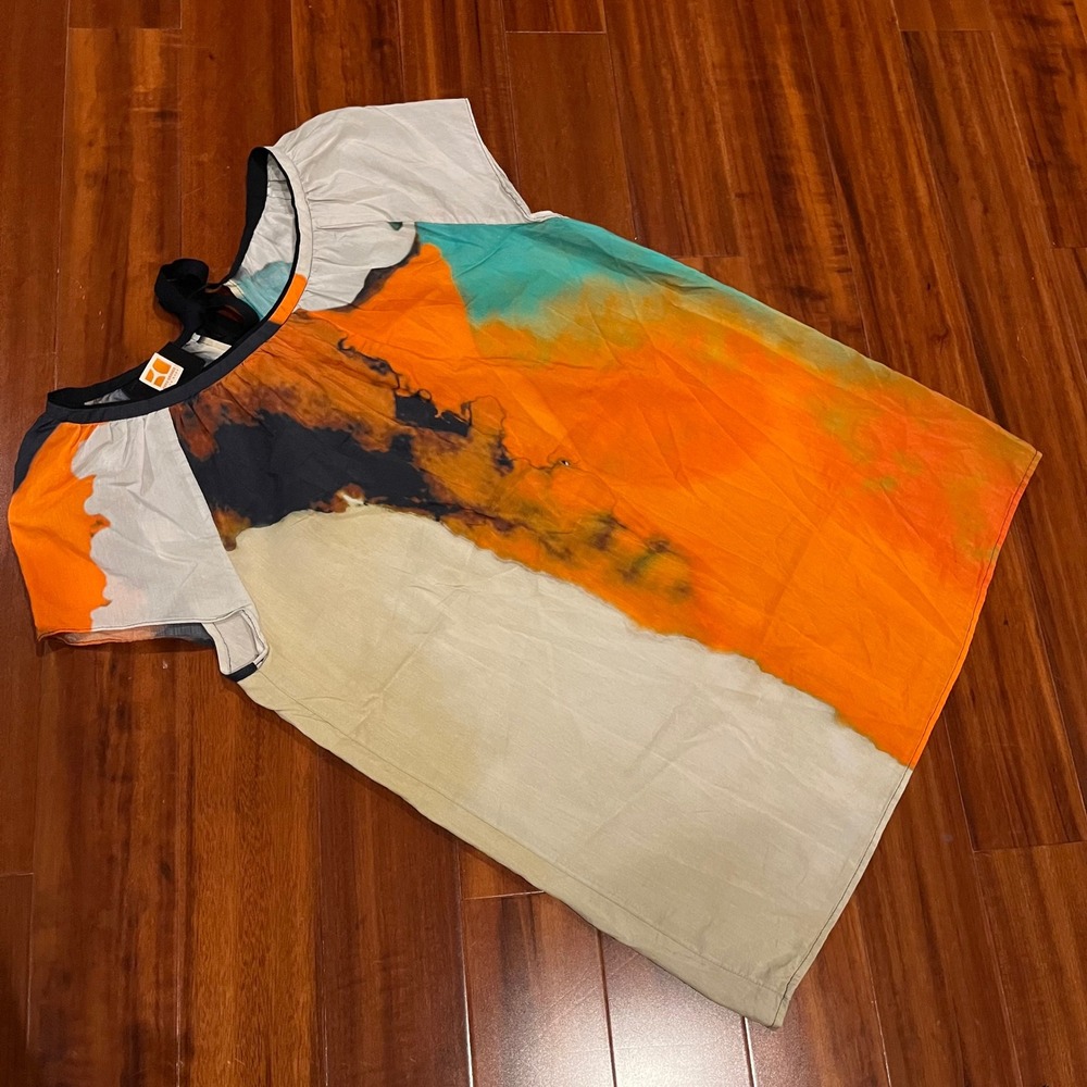 BOSS Orange Top Blouse Hugo Boss Tie Back Abstract Print Short Sleeve Small